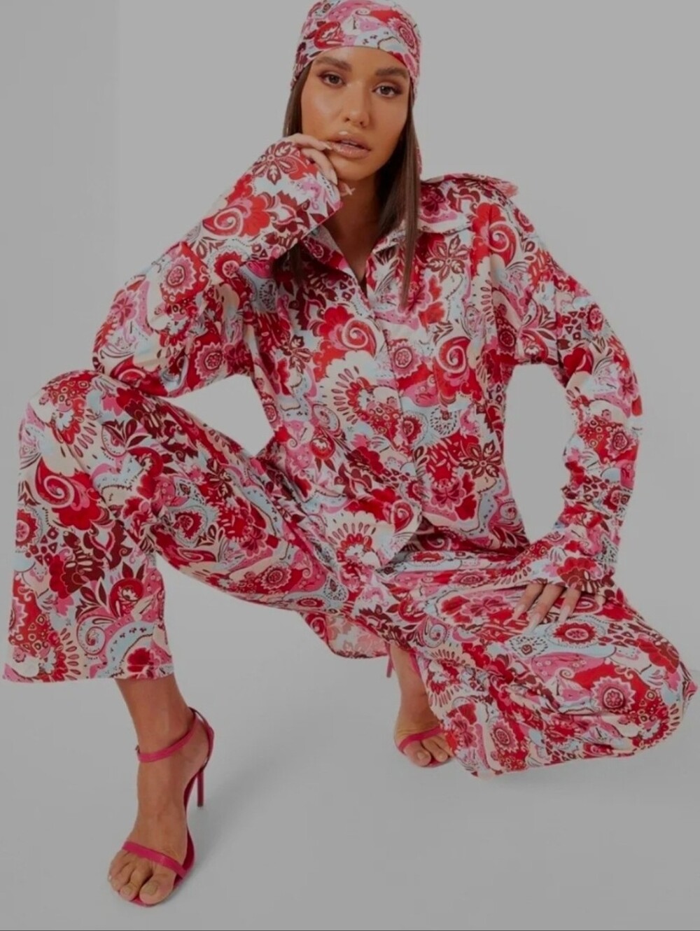 BOOHOO Floral Paisley Wide-Leg Jumpsuit in Pink and Red size Xl - Picture 1 of 3